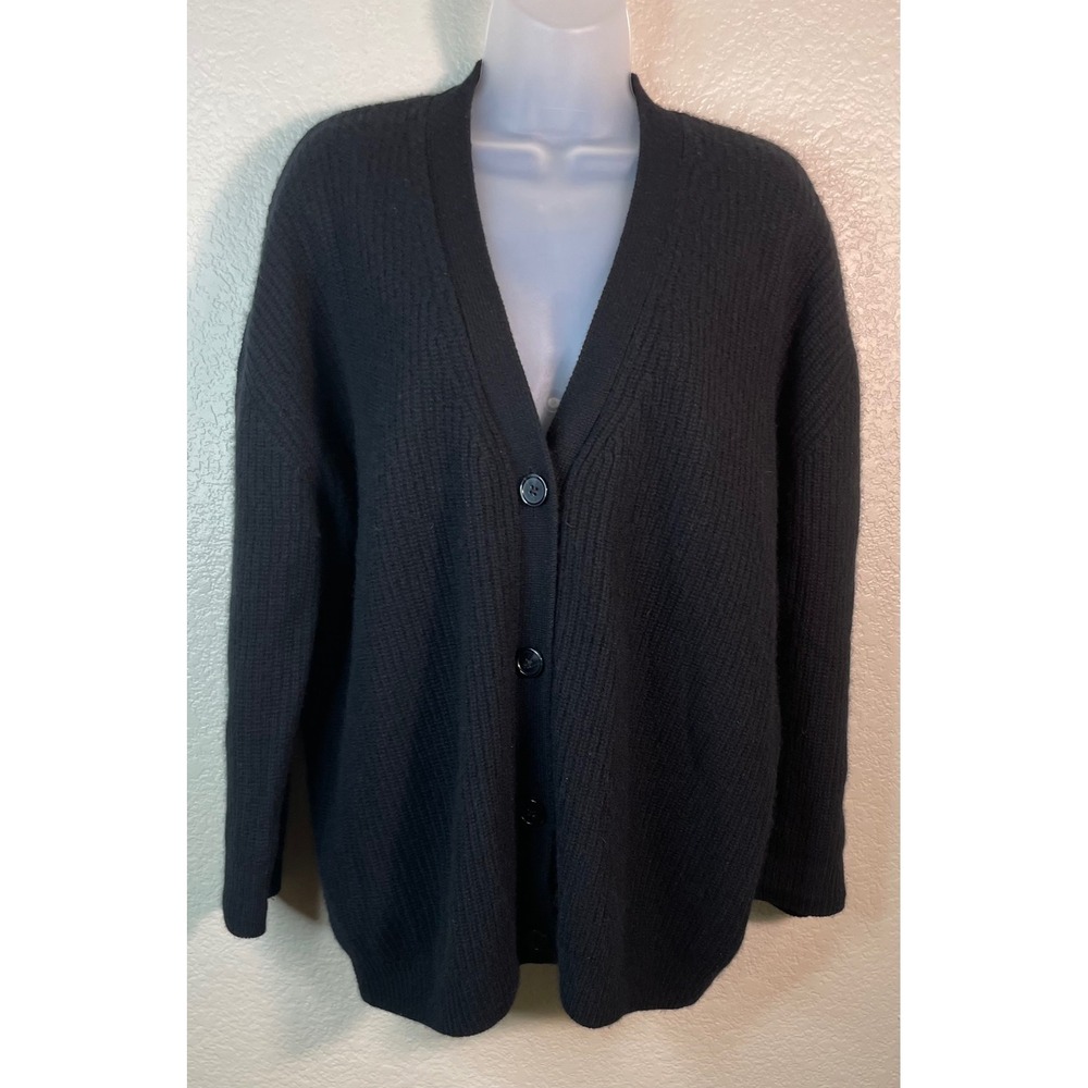 Quince Womens Small Cardigan Black 100% Cashmere V Neck Ribbed Knit Button Front